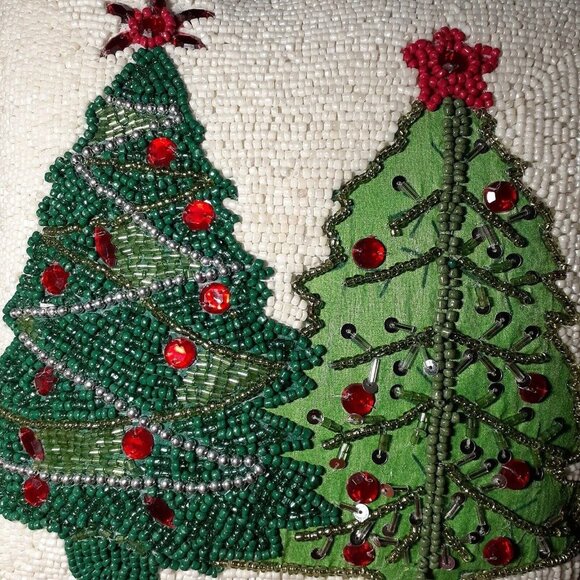 White Beaded Green Decorated Christmas Trees Festive Holiday Pillow 12x12 - Picture 8 of 16